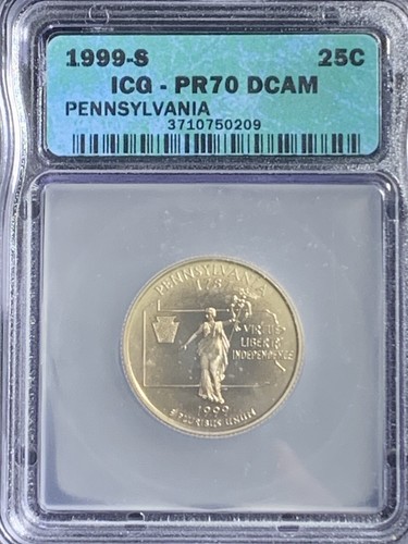 1999 S State Quarter Pennsylvania rivestito PR70DCAM ICG tonificato - Foto 1 di 3