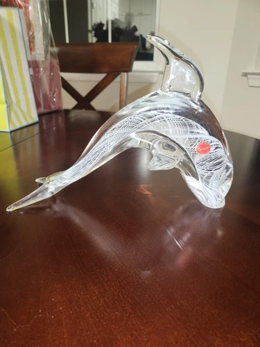 Vintage Large 10" Hand Blown Clear with wave lines Dolphin MURANO statue figure