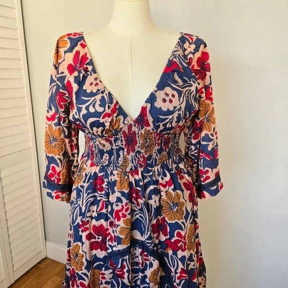 Maxi Vestido Free People Dixie Estampado Floral Borde de Encaje Talla L Algodón Cottagecore Foto 3 de 4