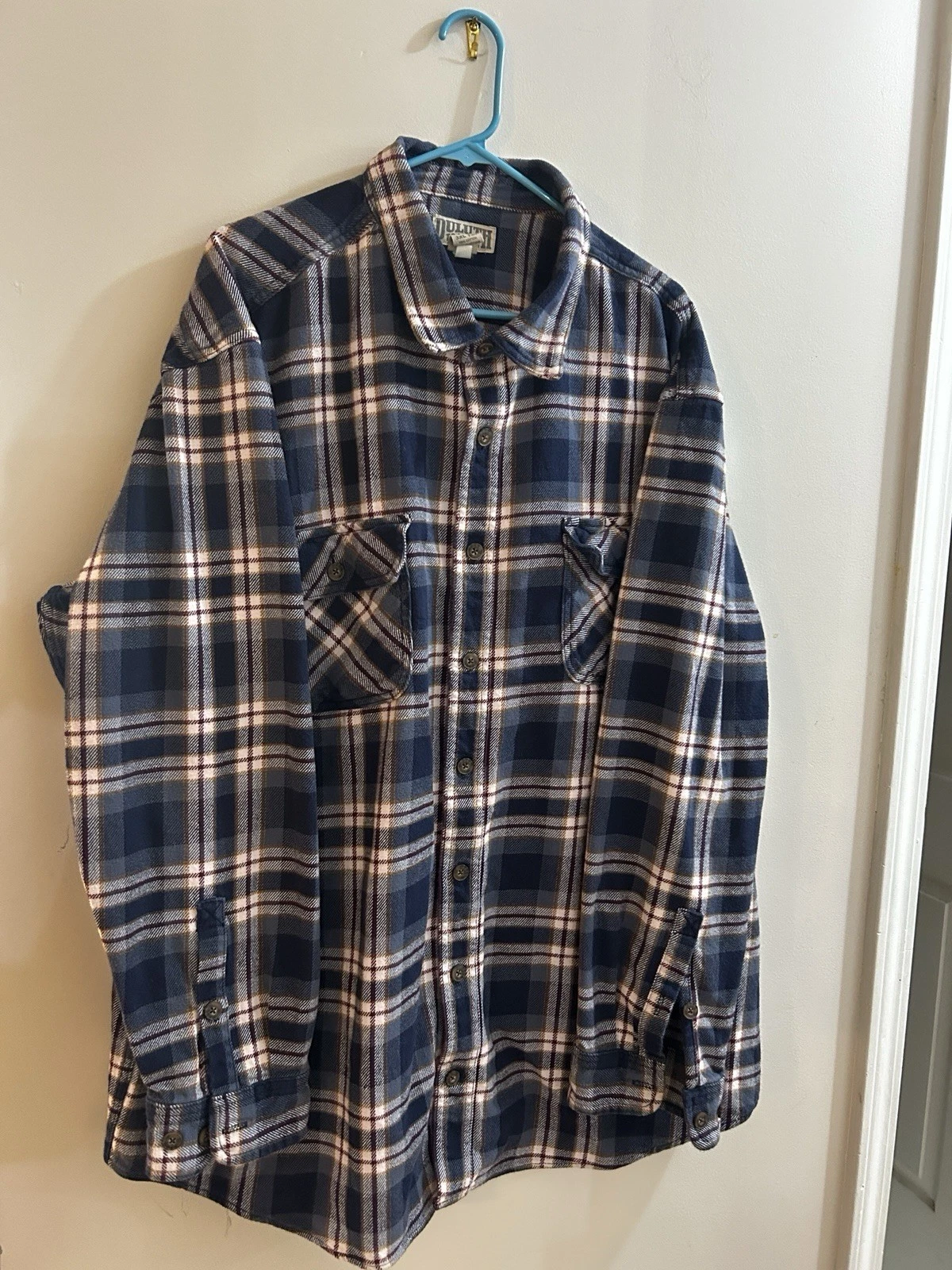 Duluth Trading Co Men's 3XL Blue White Plaid Cotton Flannel Button-Up Pockets