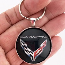 Chevy C8 Corvette V Emblem Badge Logo Racing Flags 1.2" Diameter Keychain