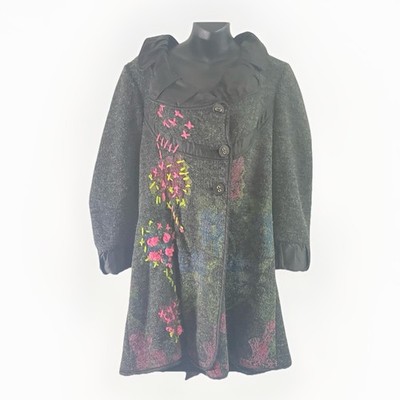Grey/black Women 12 Embroidered Floral Boho Coat Jacket Opera Button Satin Trim