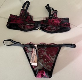 Victoria&rsquo;s Secret VS Unlined Bra & Panty Set 34B/Medium Black & Pink Lace NWT