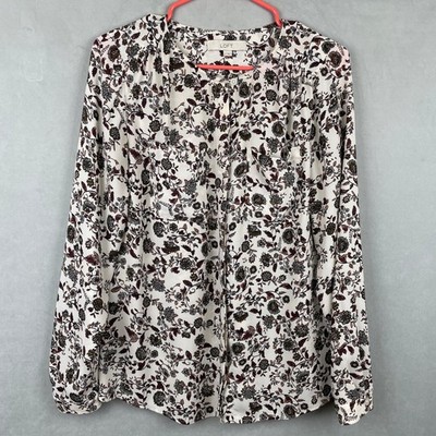 Loft Womens S Cream Floral Boho Long Sleeve Button Front Utility Blouse Pockets