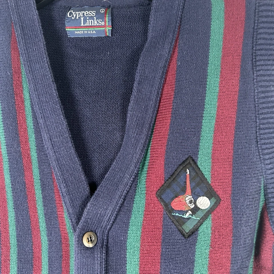 Suéter de golf vintage de eslabones de ciprés para hombre cárdigan grande a rayas de algodón con botones Foto 2 de 4