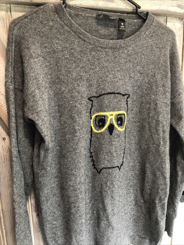 Owl In Eyeglasses Gray 100% Cashmere Sweater Bookish Preppy Librarian Aqua Large - Picture 4 of 14