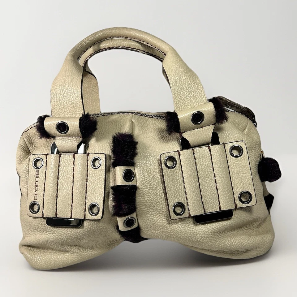 Cromia Italian Made Leather HandBag Purse in Cream w/ Fur Accent Brown Interior - Image 2 of 4