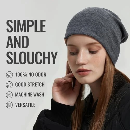 100% Merino Wool Cuff Beanie for Men & Women Knitted Winter One Size Dark Grey - Image 2 of 4