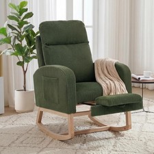 Nursery Rocking Chair W/ Adjustable Footrest Corduroy Upholstered Tufted Rocker