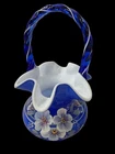 FENTON BILL FENTON 95TH LEGACY COLLECTION BLUE GLASS BASKET HAND-PAINTED FLORAL