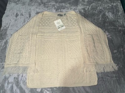 Aran Crafts Cable Knit Poncho Shawl Sweater Merino Wool Fringe Wrap Ireland NEW