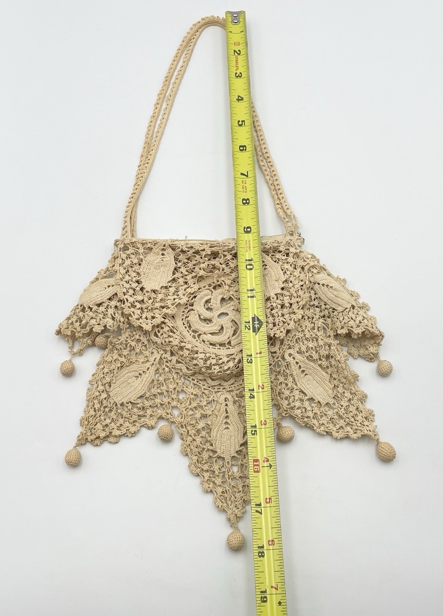 Antique Early 1900s Handmade Irish Crochet Lace Handbag Purse Floral Motif View 5