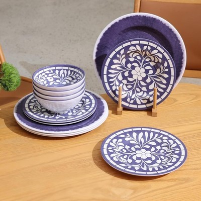 Melamine Dinnerware Set, 12 Pieces Plates and Bowls Set, Unbreakable Dish Set...