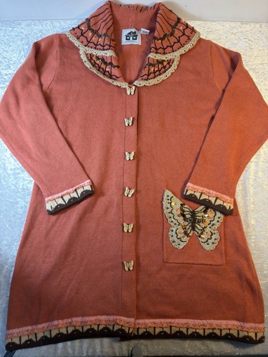 Vintage Storybook Knits Cardigan Womens L Butterfly Beaded Long Duster 90s