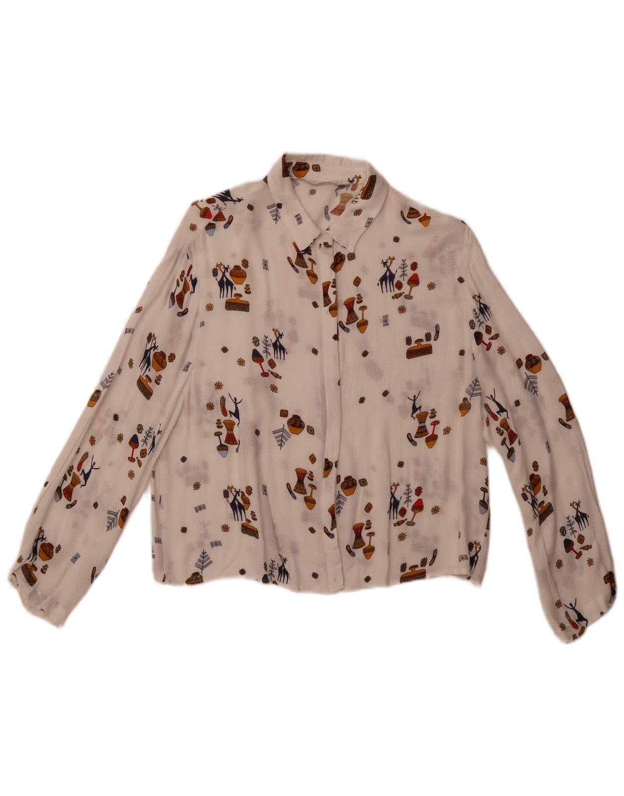 ZARA Womens Oversized Abstract Crop Shirt Blouse UK 10 Small Off White BH37