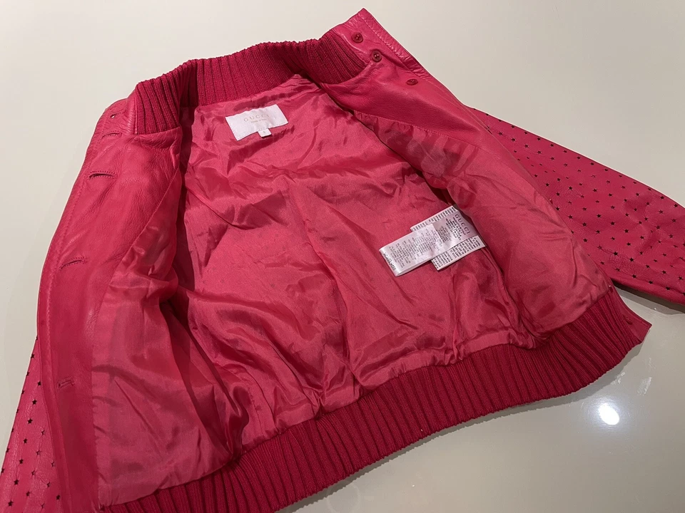 Girls GUCCI  5 Hot Pink SOFT LEATHER laser Cut STARS Moto Jacket Perforated COAT - Image 4 of 4