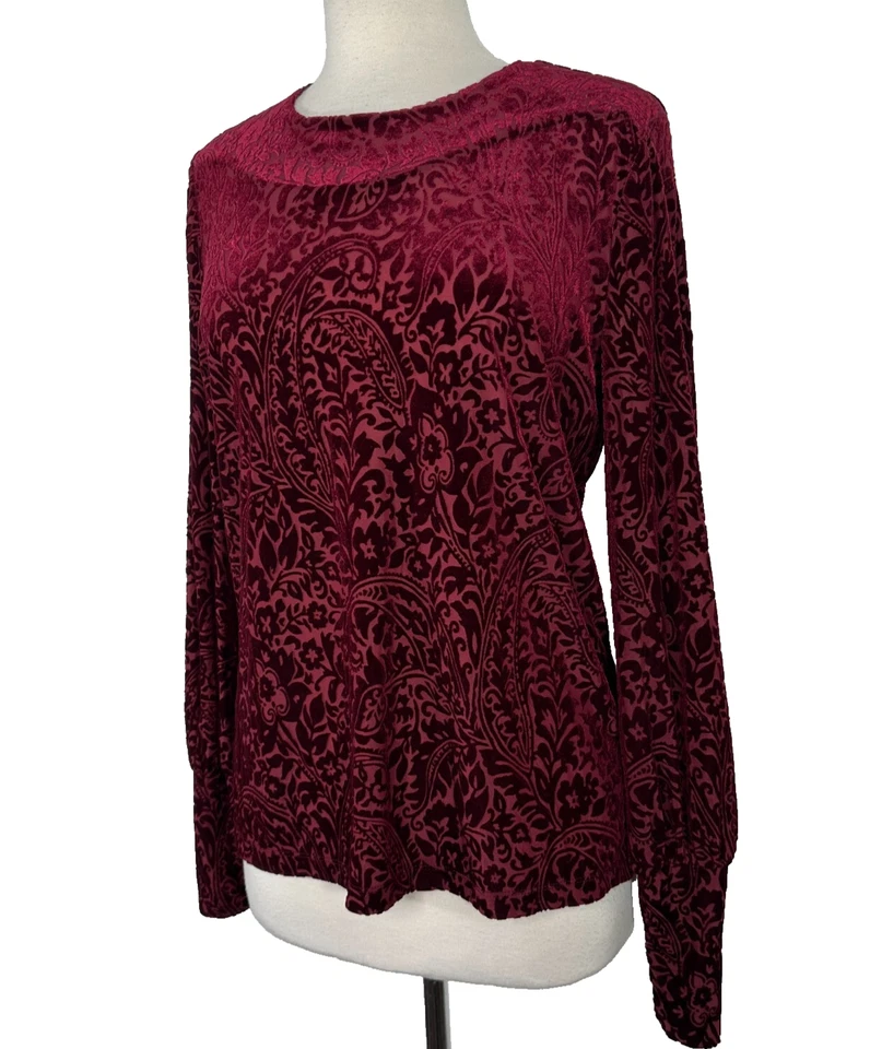 Ralph Lauren Maroon Velvet Paisley Burnout Old Money Blouse Bishop Sleeve Sz XL - Image 4 of 4
