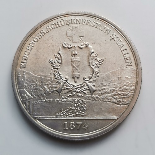 SWITZERLAND SUIZA 5 Francs francos 1874 St Gallen plata - Imagen 2 de 2