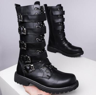 Gothic Men's Punk Lace up Buckle Strap Combat Mid Calf Boots