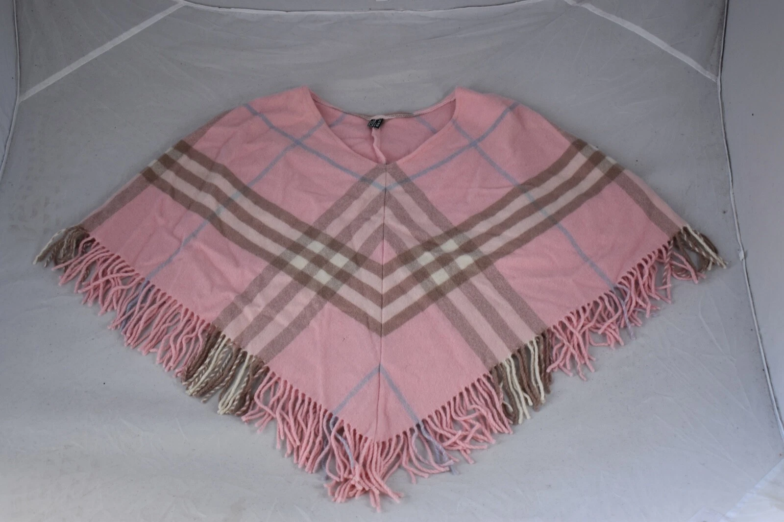 Burberry Pink Nova Check Merino Wool Cashmere Tassel Poncho Shawl Women O/Size