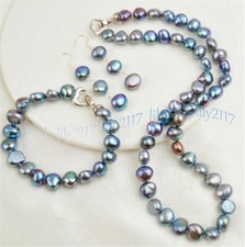Natural 8-9mm Black Freshwater Baroque Pearl Necklace 18'' Bracelet Earrings Set