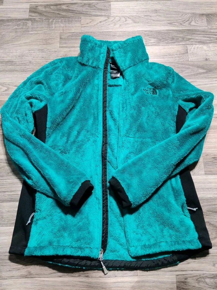 Chaqueta polar North Face verde azulado difusa cremallera completa bolsillos exteriores grande para mujer