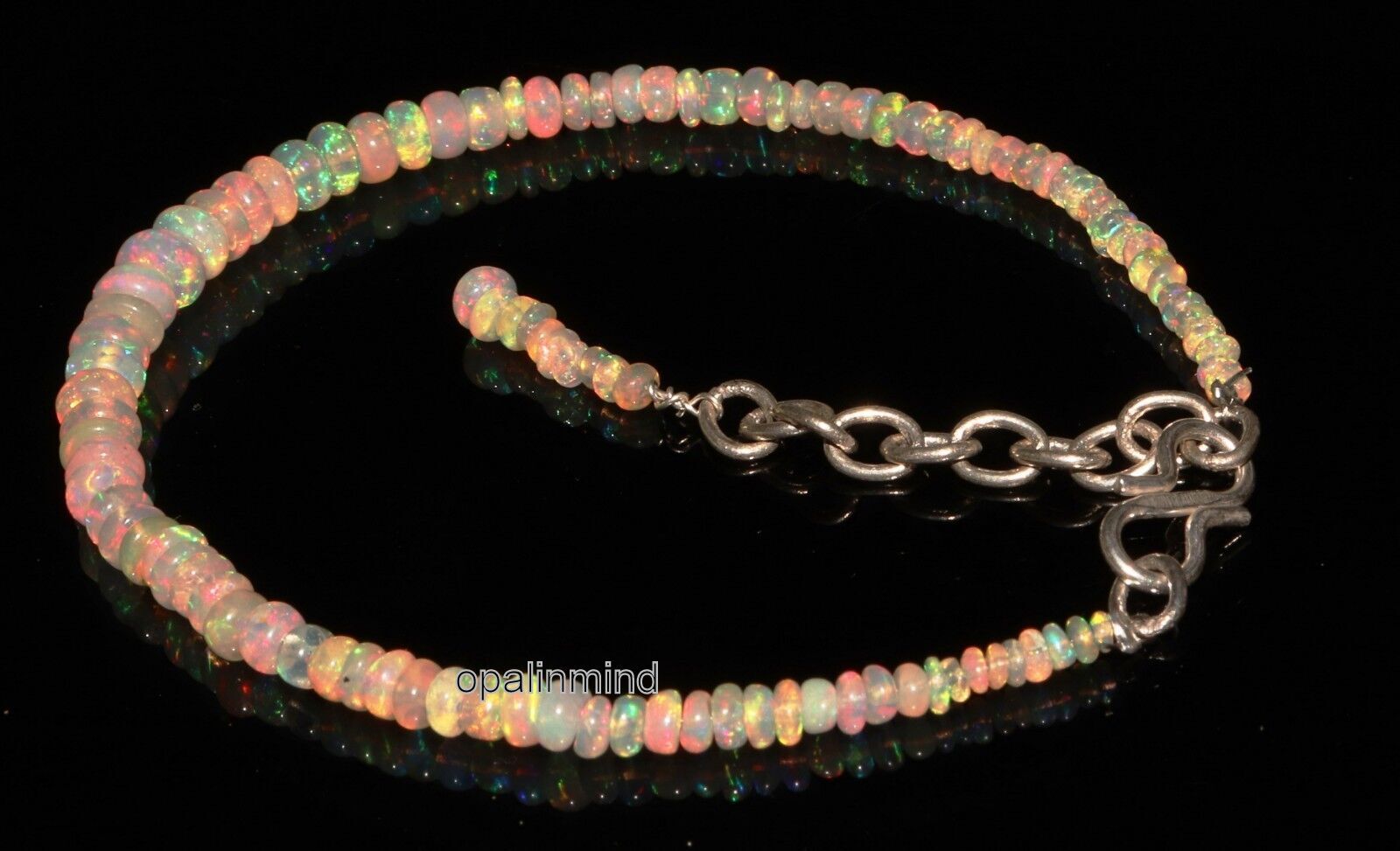 Handmade 7" 925 Sterling Silver Natural Ethiopian Opal Gemstone Beaded Bracelet - F037