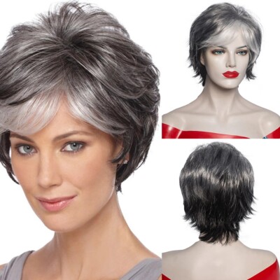Short Wave Pixie Cut Black Mixed Gray Curly Wig With Bangs Synthetic Hair Wigs
