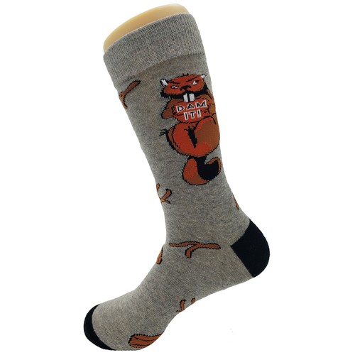 NWT Dam It Beaver Dress Socks Novelty Men 8-12 Gray Crazy Fun Sockfly - Picture 3 of 4