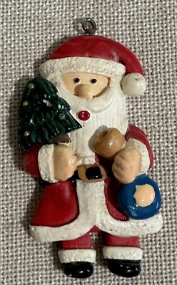 Vtg Christmas Tree Ornament Santa Holding A Tree And Other Stuff Holiday Decor