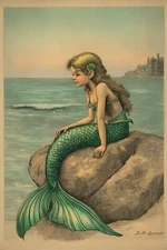 The Little Mermaid Siren Seated on a Rock Dreamy Face Sea Poster Repro FREE S/H