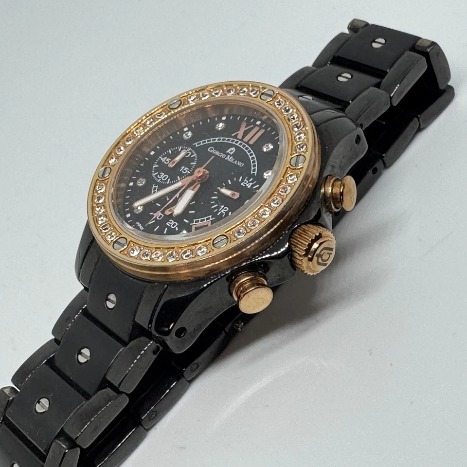 Giorgio Milano Quartz Watch Women 100m Black Steel Diamond Chrono New Batte 6.5" - Image 4 of 4