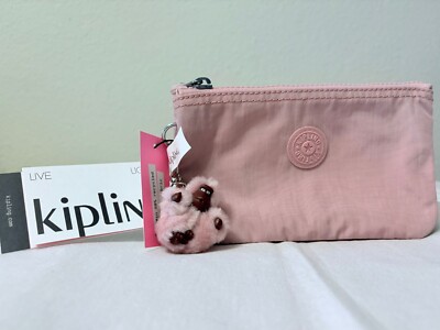 Kipling Cosmetic Compartment Pouch Zipper Polyamide Pink w Charm NWT 