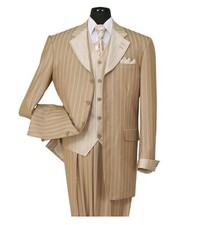 Men's Luxurious Gangster Pin-Striped Four Button Suit w/ Vest 2911V Tan