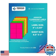 Premium Label Supply Bright Neon Color Fluorescent Stickers - 4" x 3.33" Labe