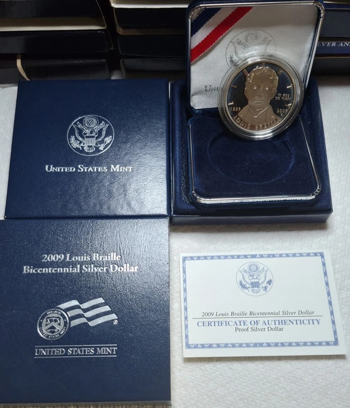 2009 P Louis Braille Proof Commemorative Silver Dollar In OGP W/COA