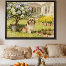Shih Tzu Dog Art Print Garden Oil Painting Cozy Living Room Wall Decor Canvas