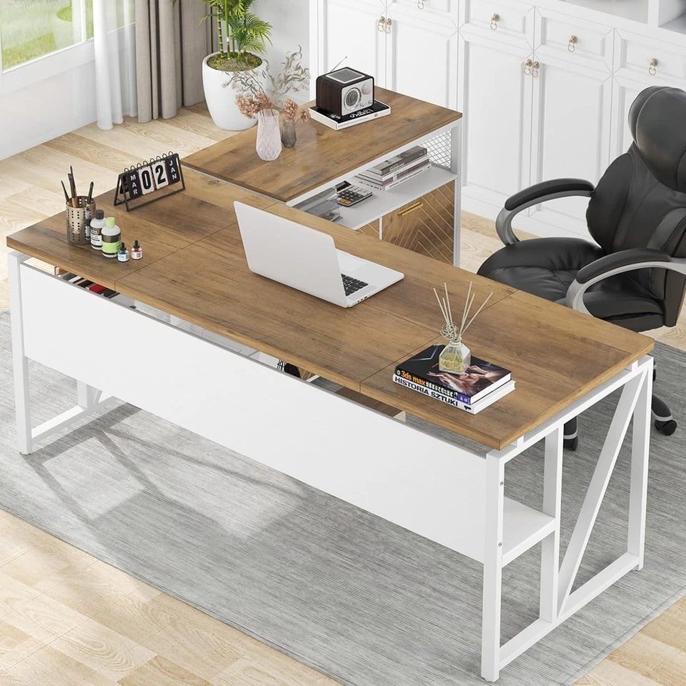 TRIBESIGNS L-Shaped Desk with Drawer, 63" Executive Computer Desk with lateral File Cabinet
