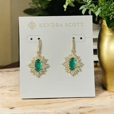 NWT! Kendra Scott Grayson Gold Sunburst Drop Earrings in Green Glass