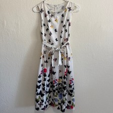 Butterfly Print Sleeveless Fit & Flare Dress White Cotton Blend Size S Belted
