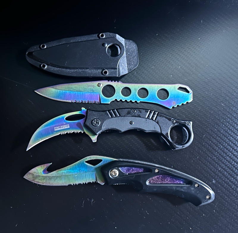 Rainbow Oil Slick Knife Lot Tactical Folding Tac-Force Karambit + Fixed Blade