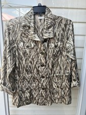Chico s Brown Beige Gold Shimmer Ikat Linen Cotton Toggle Collar Button Jacket M