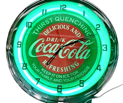 15" Coca-Cola Thirst Quenching Neon Wall Clock Green Neon Light Vintage