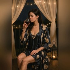 Vtg California Dynasty 2pc Satin Robe Nightgown Set Floral Lace Trim Navy M USA