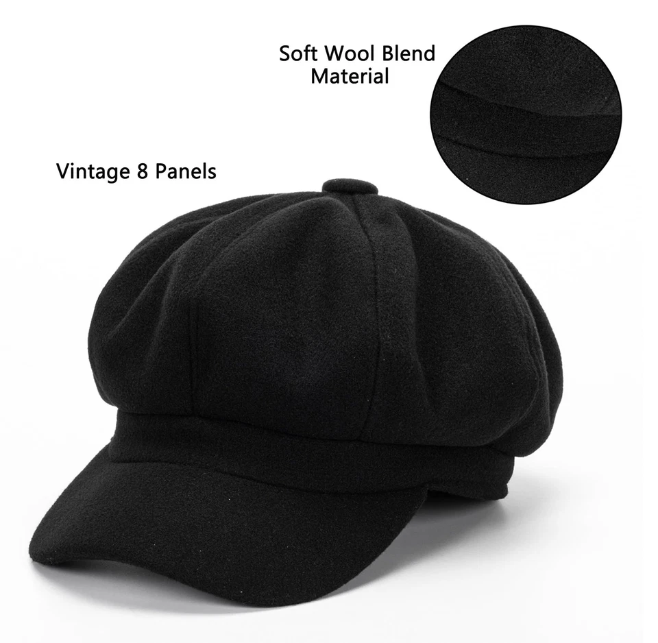Sombrero Pageboy para Mujer Gorras de Fieltro de Lana Newsboy De Colección 8 Medianas, Estilo Negro3 Foto 2 de 4