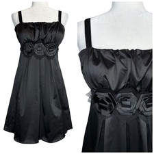 Charlotte Russe Y2K Vintage Black Satin Rosette Babydoll Dress M Fairy Whimsy