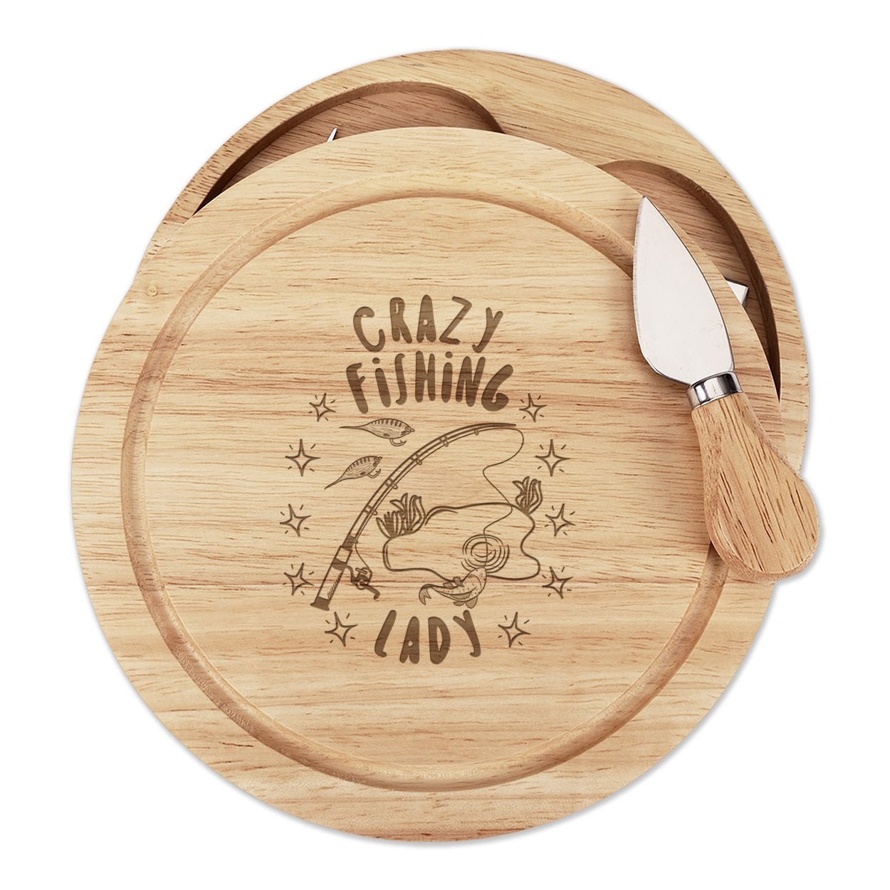 Crazy Fishing Lady Stars Cheese Board Knife Set Funny Fisherman