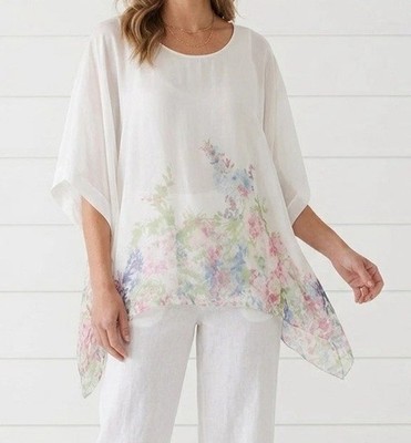 Elena Baldi Italy 100% Silk Watercolor Floral Kaftan Top M Lagenlook Sharkbite