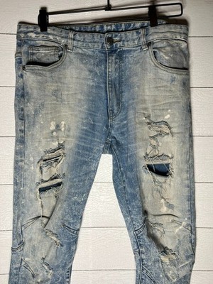 Smoke Rise 34x34 Light Wash Blue Distressed Destroyed Slim Fit Moto Denim Jeans