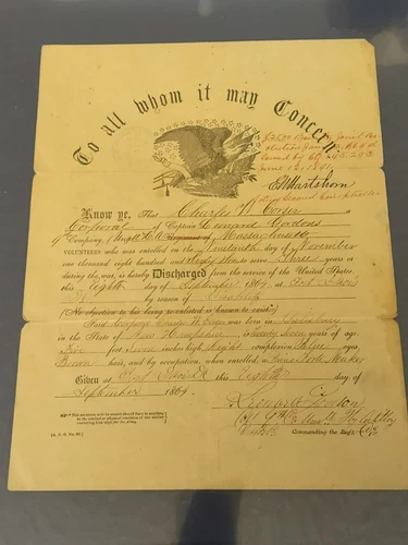 Civil War Document 1864 22nd Massachusetts Discharge Salisbury New Hampshire